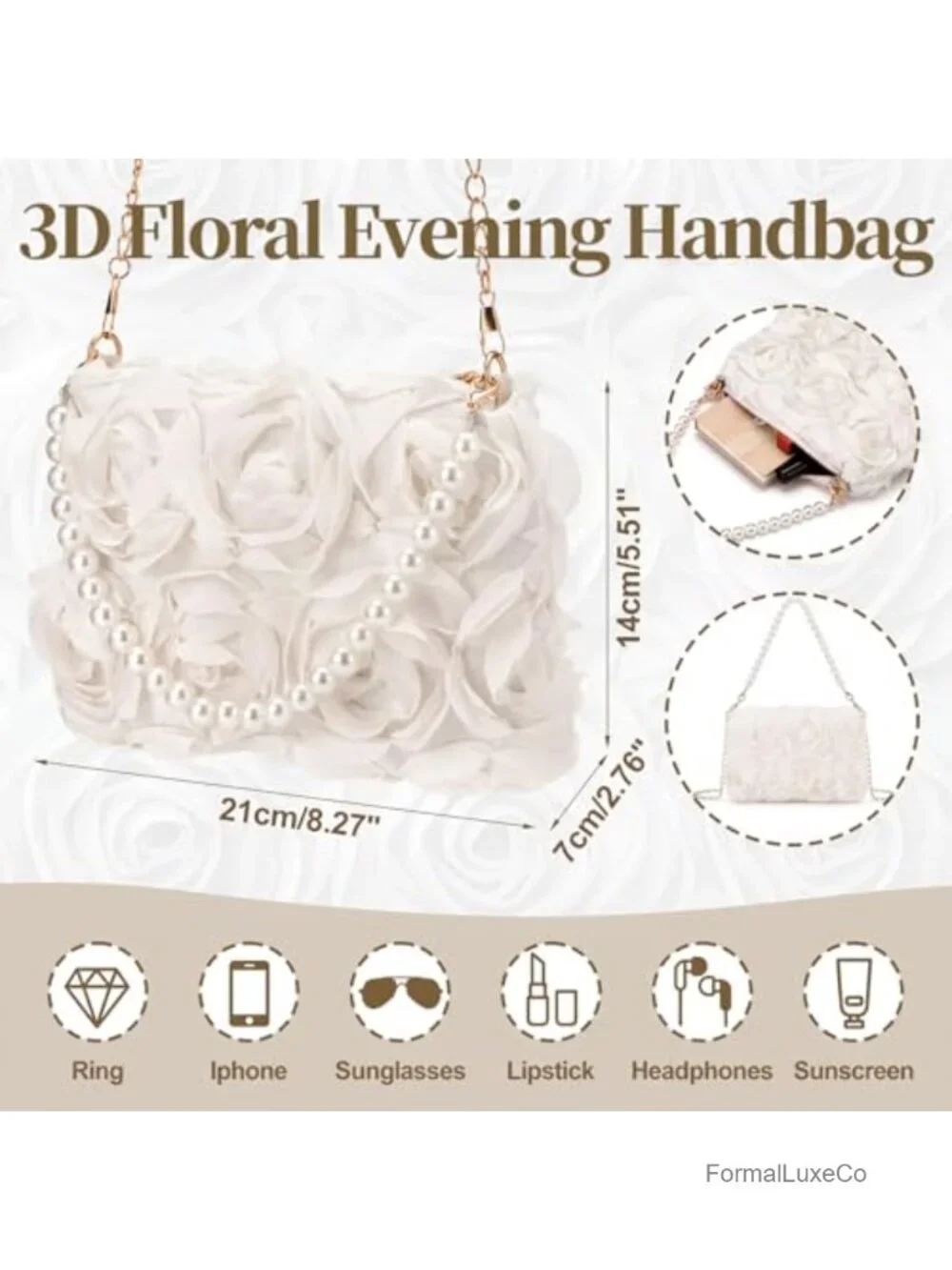 3D Floral Satin Evening Clutch with Pearl Beaded Top Handle Detachable Gold